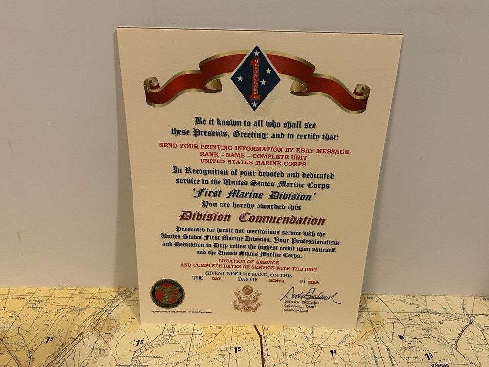 U.S.M.C. / FIRST MARINE DIVISION ~ DIVISION COMMENDATION REPLACEMENT CERTIFICATE