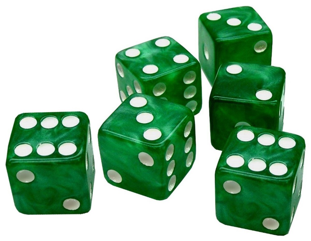 Set (6) 16mm Marbleized Dice Green Squared Corners + Storage Pouch
