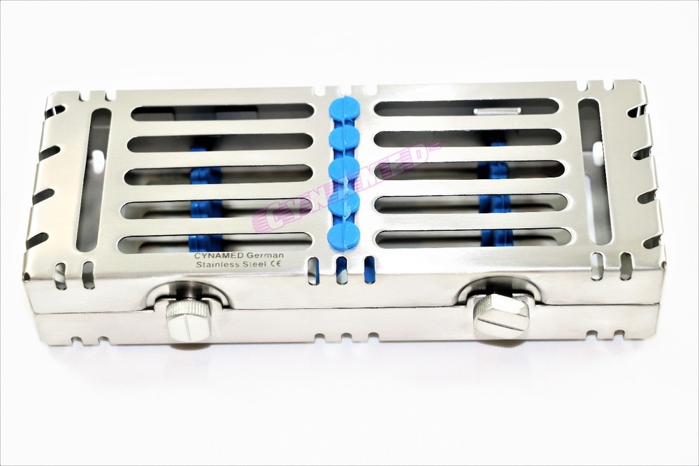 GERMAN DOUBLE BUTTON DETACHABLE STERILIZATION CASSETTE FOR 5 INSTRUMENTS BLUE
