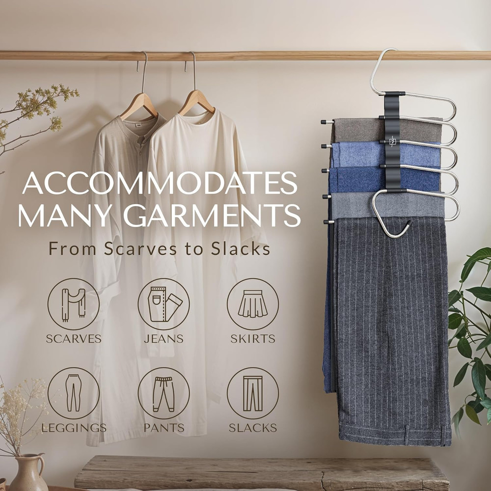Pants Hangers Space Saving - 2 Pack - Non-Slip Multi-Layer Space Saving Hange...