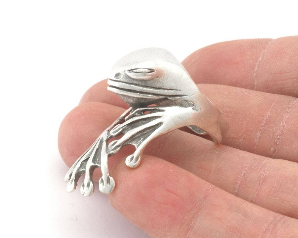Frog Adjustable Ring Antique Silver Plated Brass 7 - 10.5US size 2893