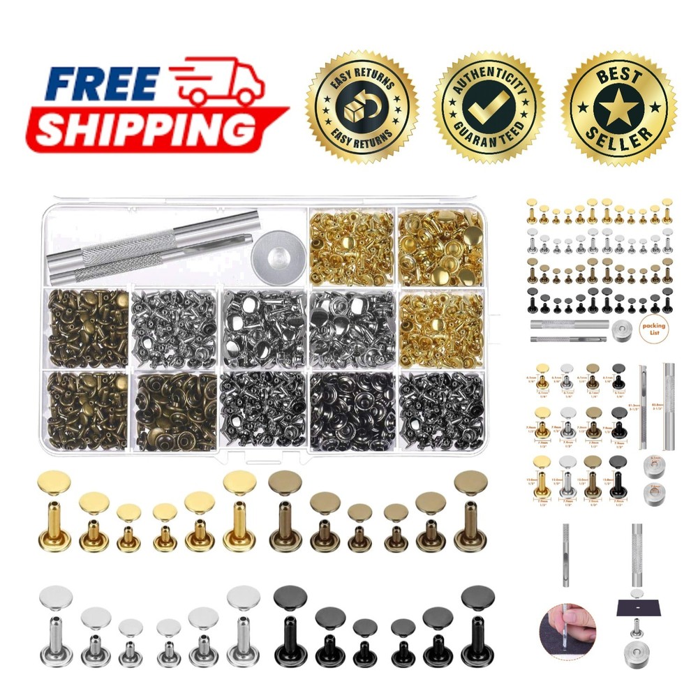 Versatile 480 Leather Rivets in 4 Colors with 3-Piece Tool Kit for DIY Projects
