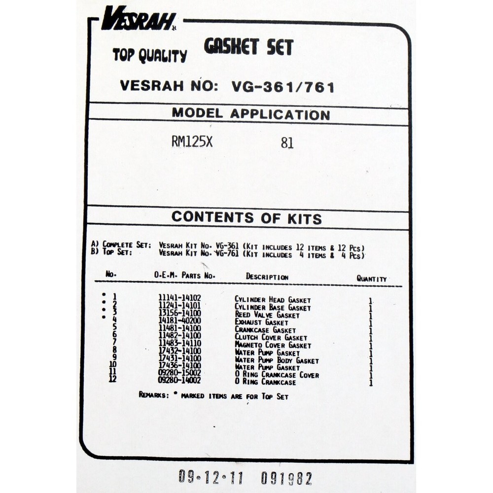 Vesrah Complete Gasket Set - VG361