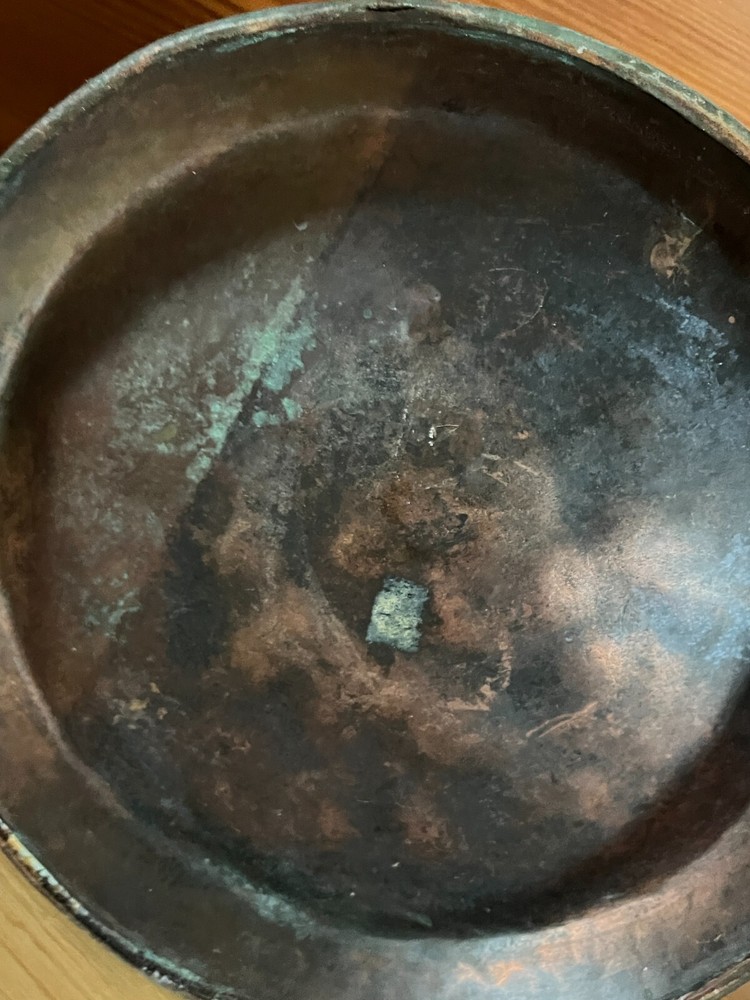 Antique Large Solid Copper Metal Primitive Pitcher w Numbers indicating size –