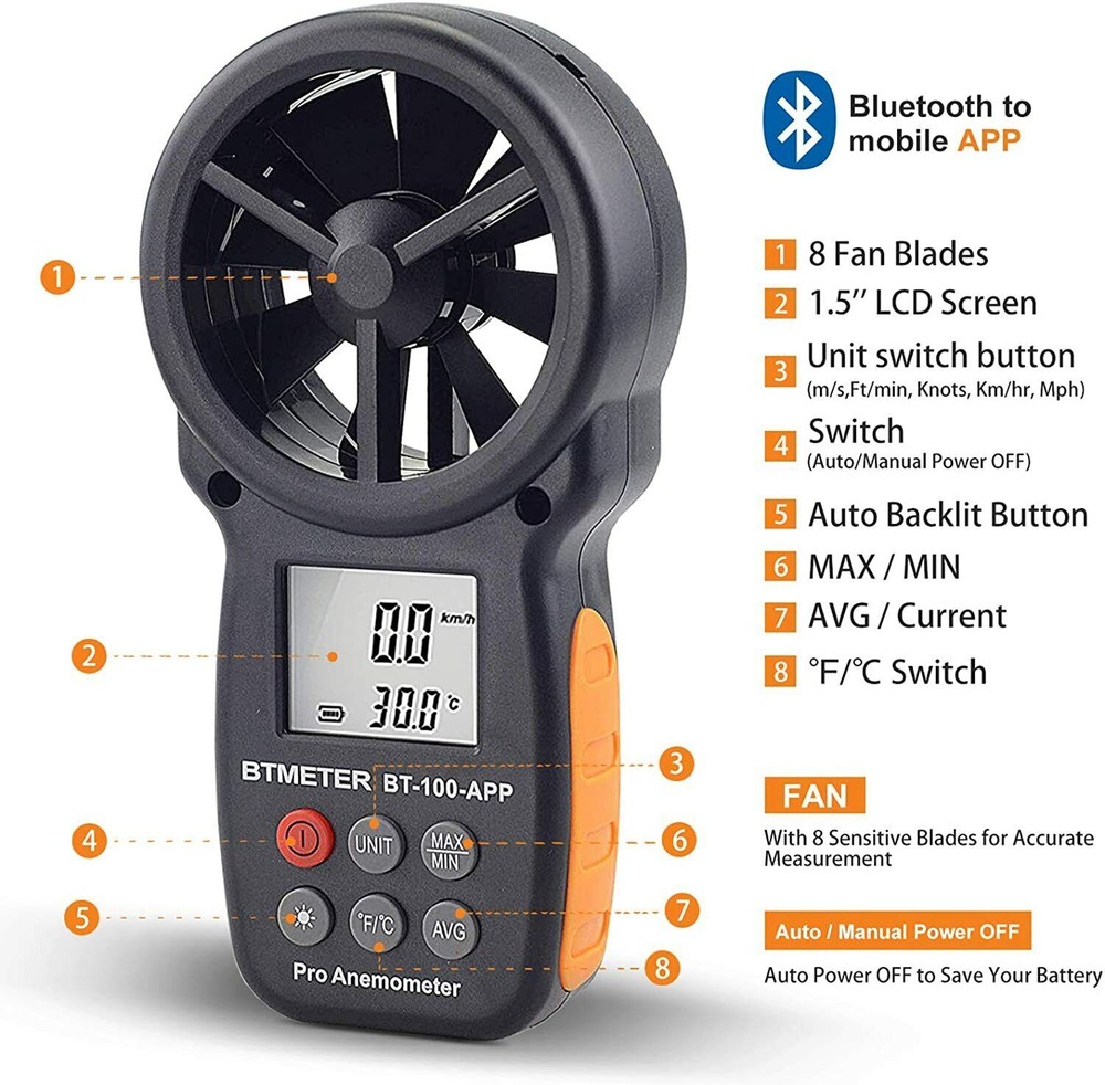 Bluetooth Anemometer Digital LCD Wind Speed Meter Gauge Temperature Tester