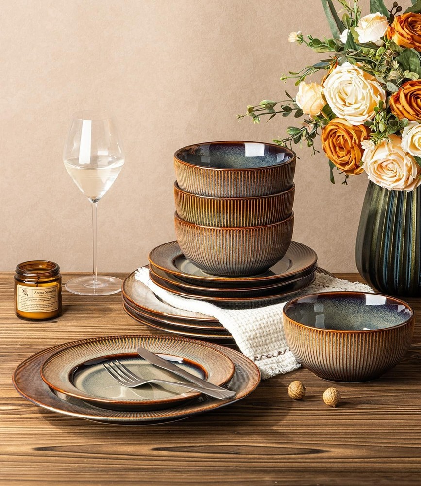 12-Piece Stoneware Dinnerware Set for 4 - Scratch Resistant, Mocha