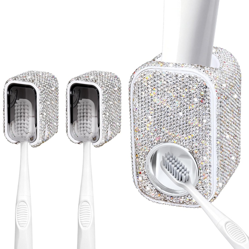 Bling Automatic Toothbrush Holder Wall Mount Toothpaste Squeezer Set for Bath...