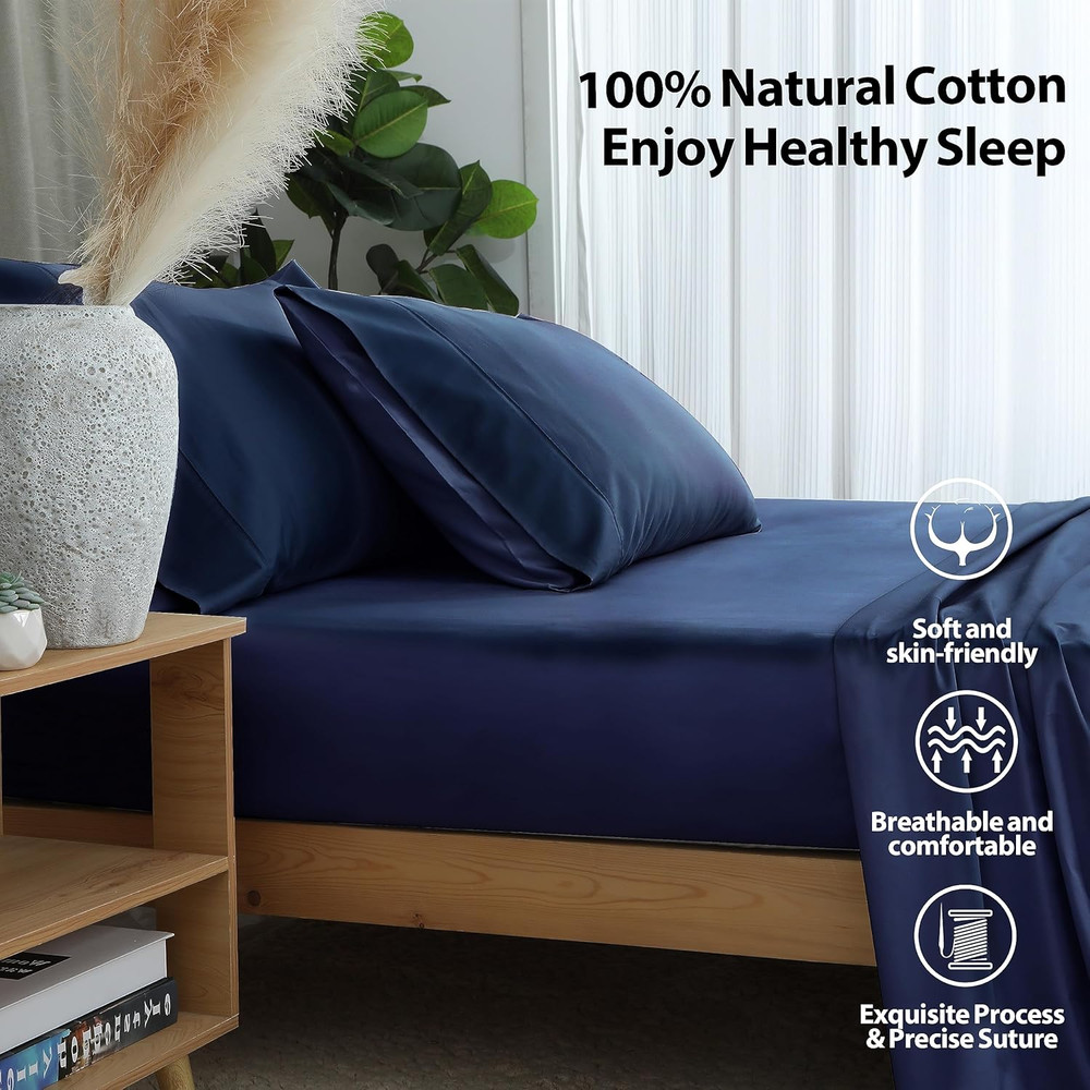 Twin Size Fitted Sheet Only Navy Blue, 100% Egyptian Cotton 600 Thread Count, 16