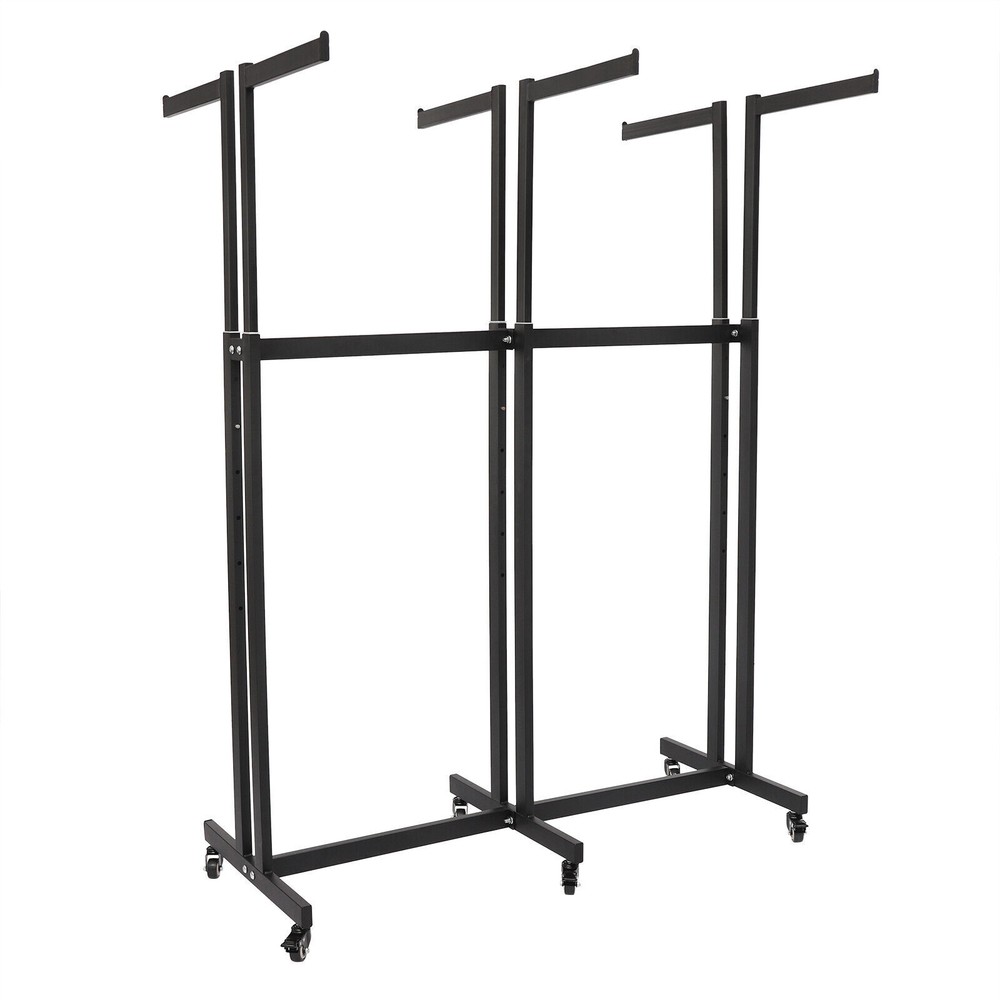 Adjustable 6-Arm Black Garment Display Rack with Wheels for Stylish Storage