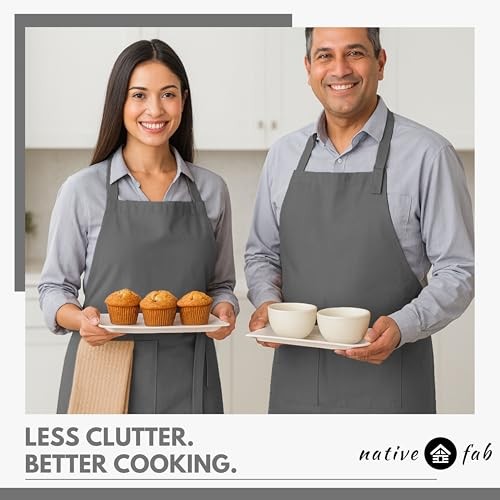 Kitchen Apron 2 Pack - 100% Cotton Adjustable, Durable Apron with Grey