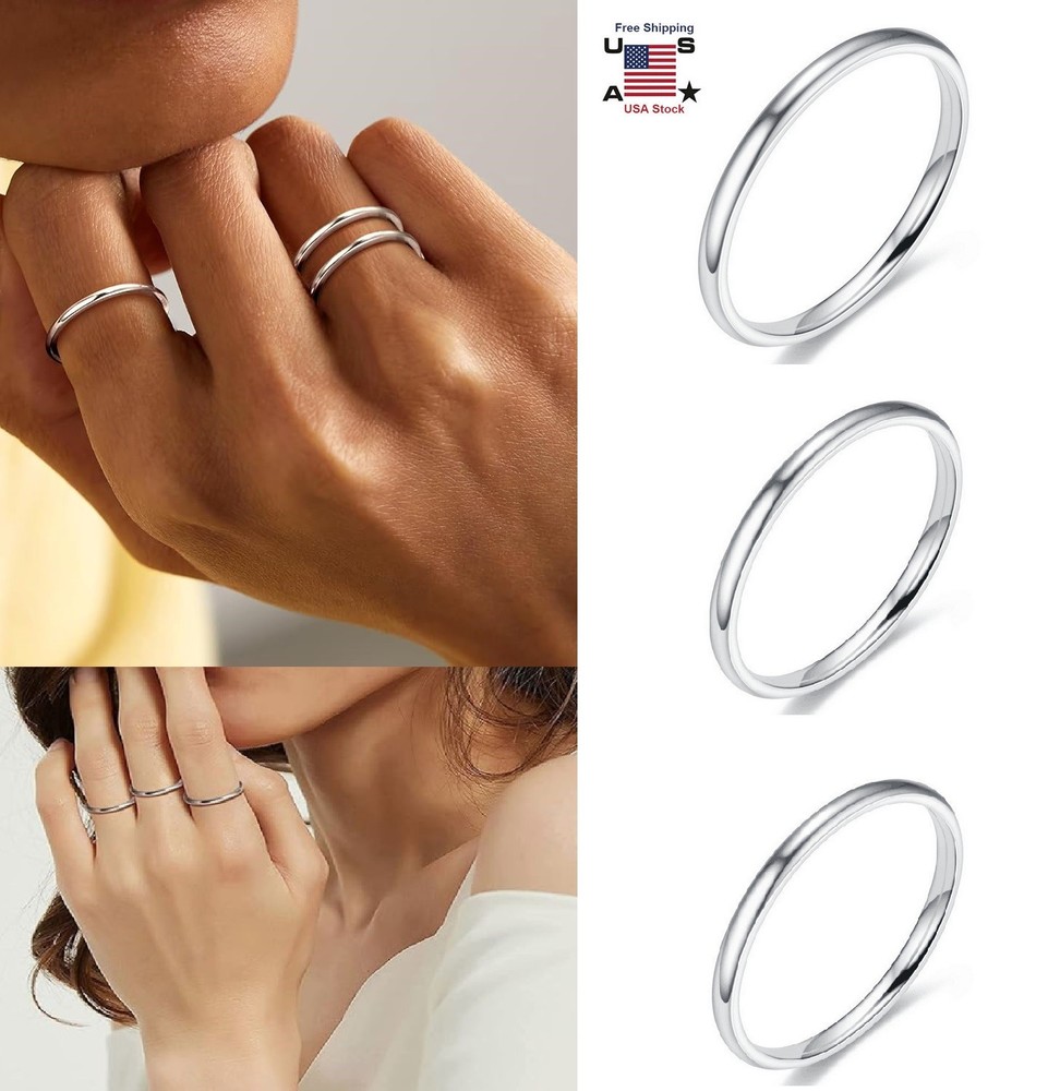Solid Stainless Steel Plain Thin Ring 2mm Silver Polished Band Gift Size 6 to 10