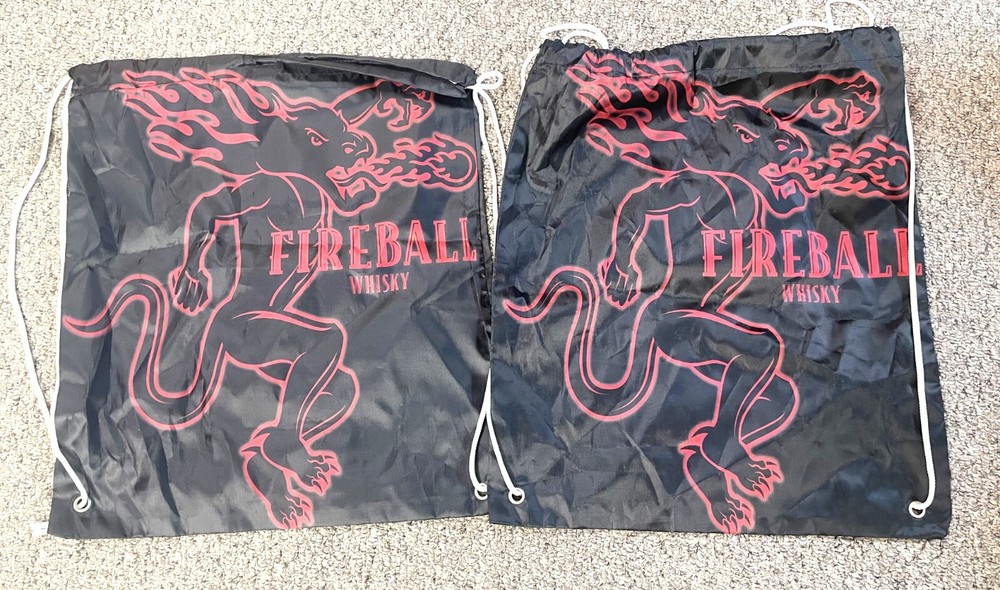 Pair Fireball Cinnamon Whisky Black Draw String Bag Backpack Cinch Sack Dragon