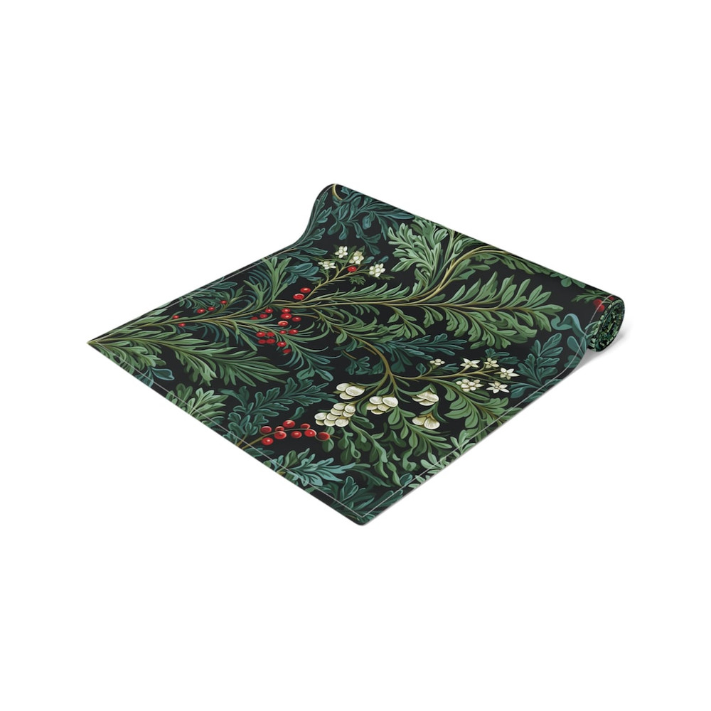 Christmas Table Runner Evergreen Pattern Holly Berry Holiday Winter Table Cloth