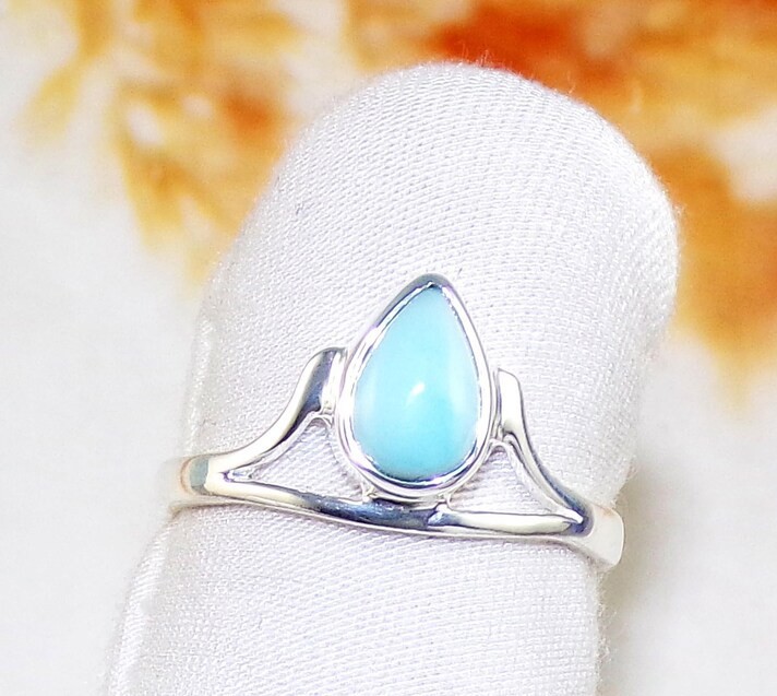 Solid 925Sterling Silver Natural Larimar Pear Blue Gemstone Handmade Womens Ring