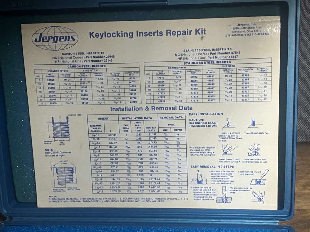 Jergens keylocking inserts repair kit 25949 pre owned