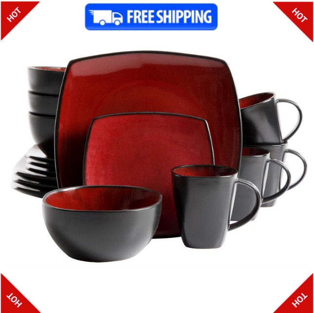 Gibson Soho Lounge Square Reactive Glaze Dinnerware Set, Red, Service for 4
