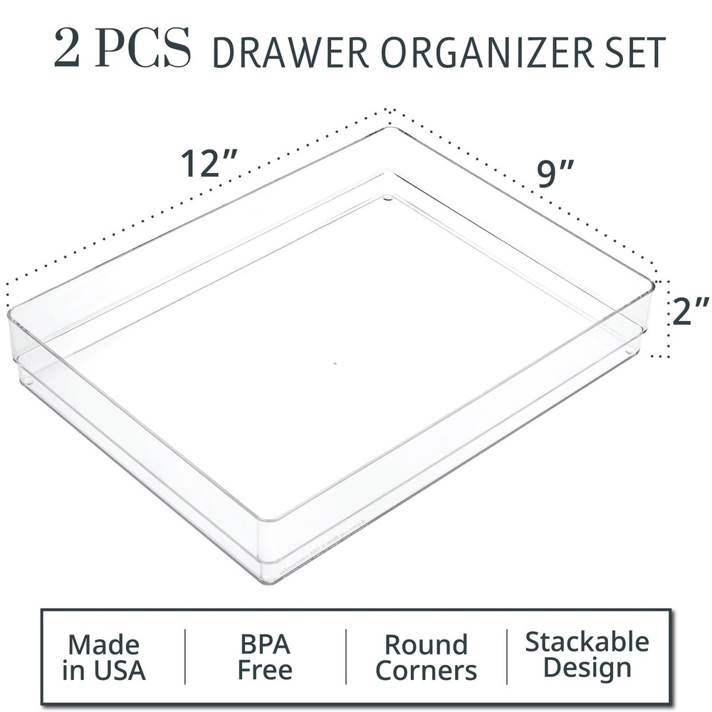 SimpleSort 2-Piece Stackable Clear Drawer Organizer Set | 12" x 9" x 2" Recta...