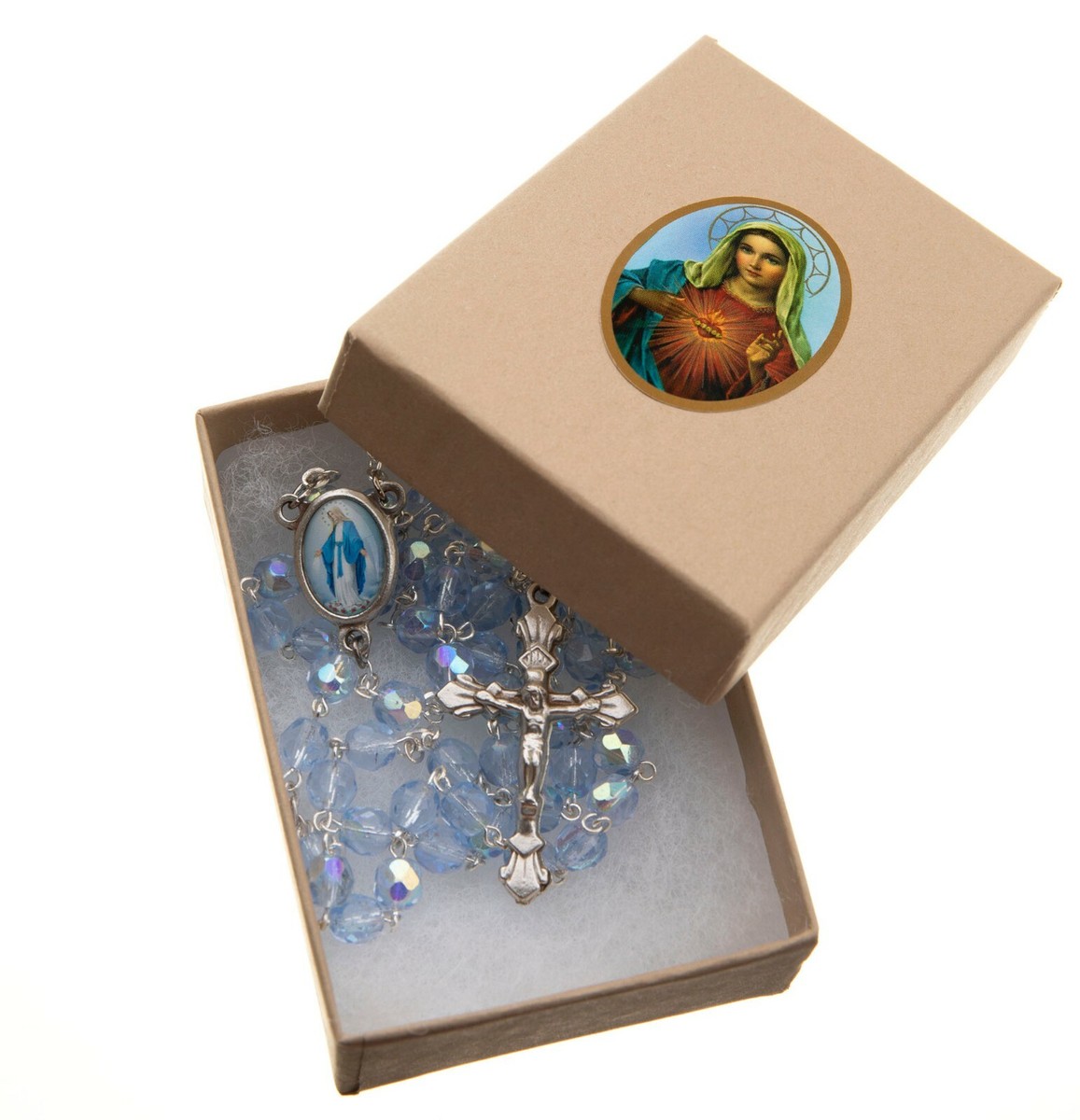 Women's Miraculous Medal Catholic Rosary Beads Blue Glass Beads Divine Mercy