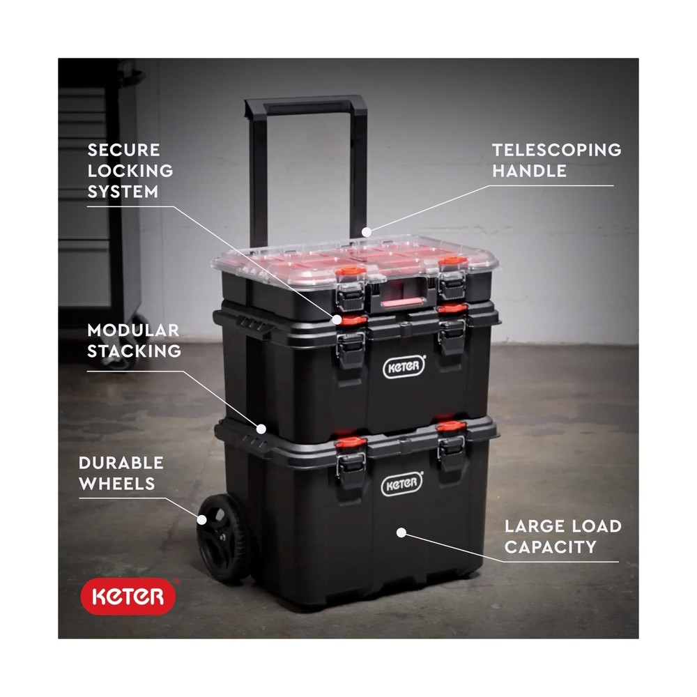 Keter Stack N’ Roll 3-Piece Rolling Tool Box System – Stackable Modu