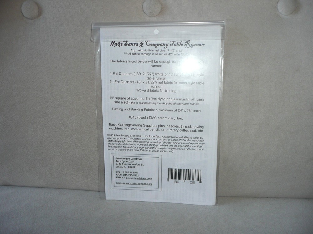 Sew Unique Creations Santa & Company Table Runner Pattern New