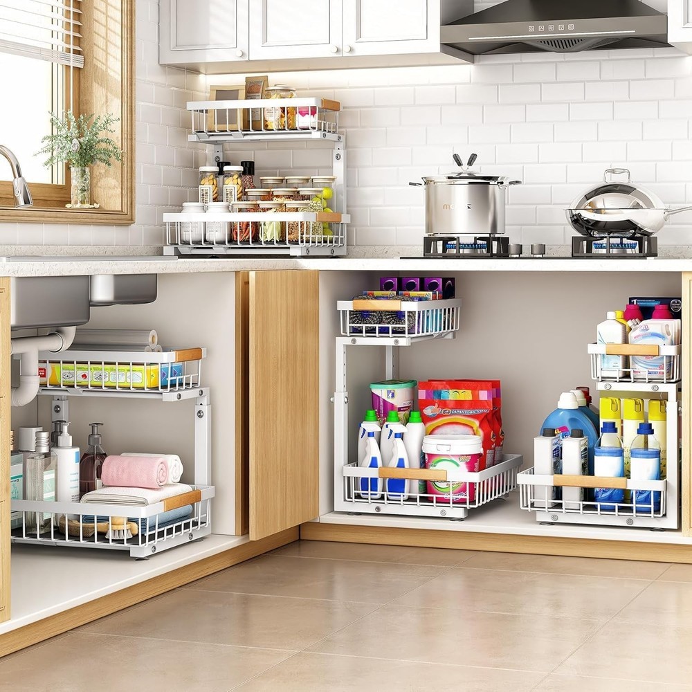 Under Sink Organizer Adjustable Height 2 Tier Pull Out Under Organizer Cabinet