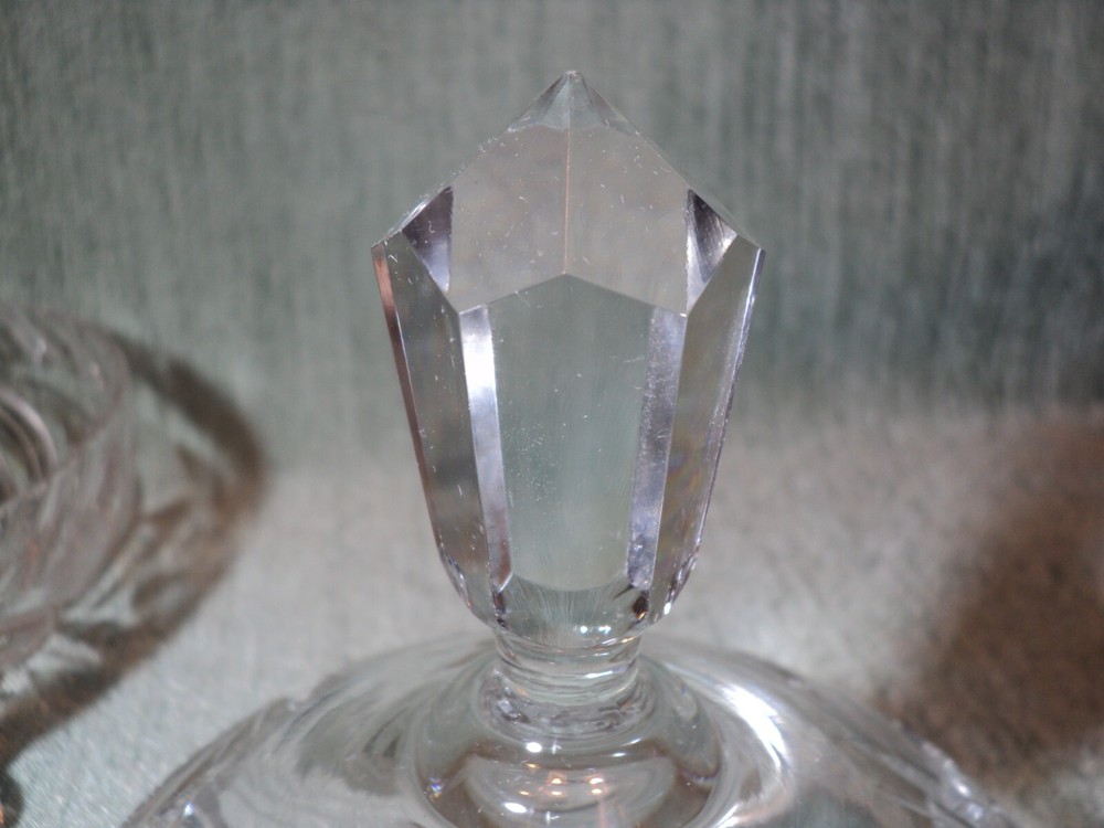Crystal round covered footed candy dish.