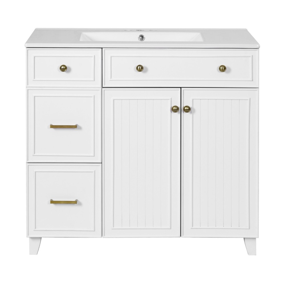 36" Vanity: Ceramic Sink, Drawers, Soft-Close Doors, Adjustable Shelves