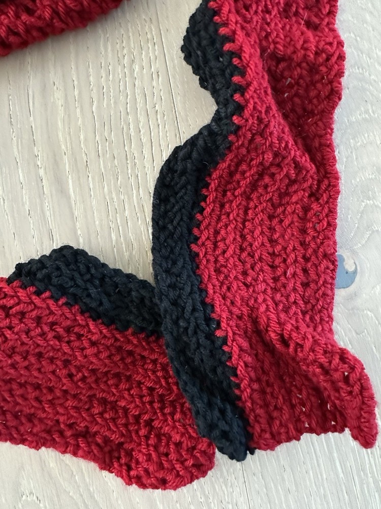 Hand Knitted Red, Black Hat & Scarf