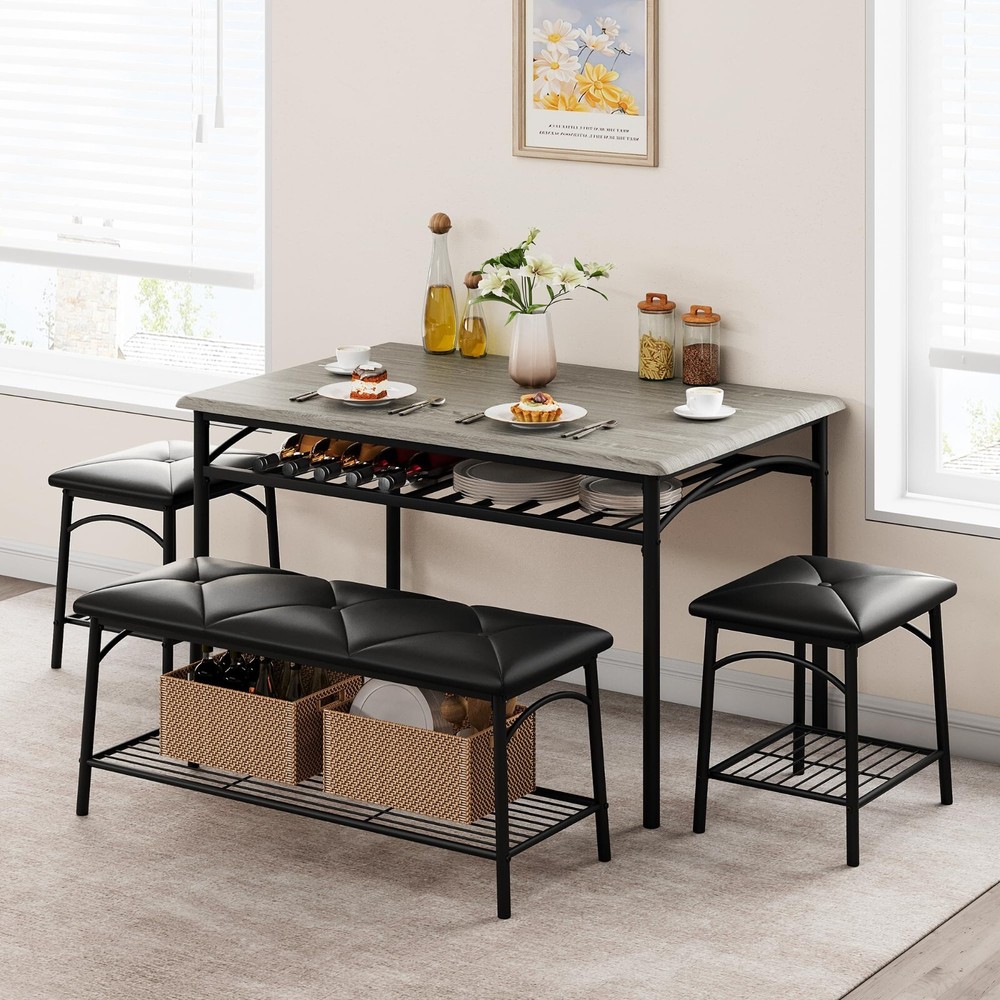 Dining Set Table with Wine Rack and 2 Upholstered Stools Bench for Small Kitchen