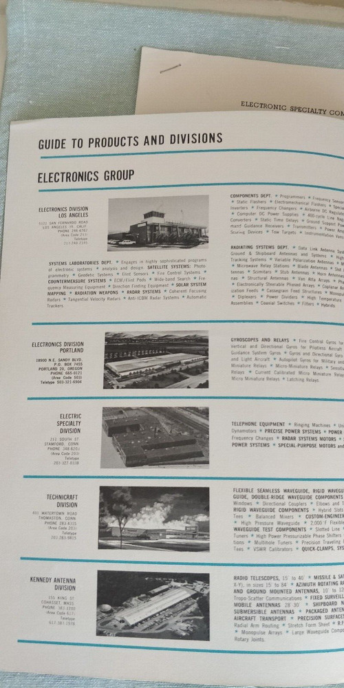 1950s ~ Electronic Speciality Co. ~ Guide to Divisions
