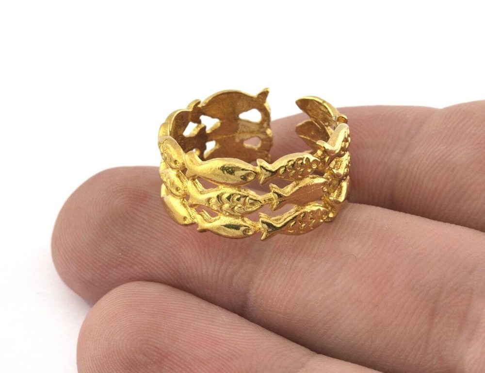 Fish Ring Adjustable Raw brass - Shiny Silver - Antique Silver 8US size 5122