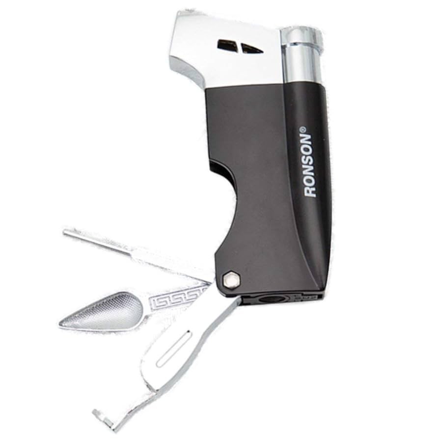 Ronson Jet Flame Cigar/Pipe Lighter Black & Chrome - RONSON PIPE BLACK