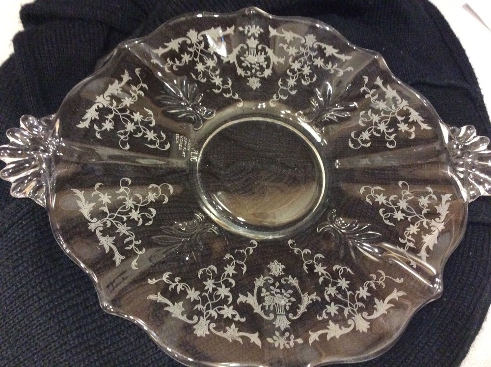 Clear  Etched Depression Glass Handle Cake Platter Pre-Owned
