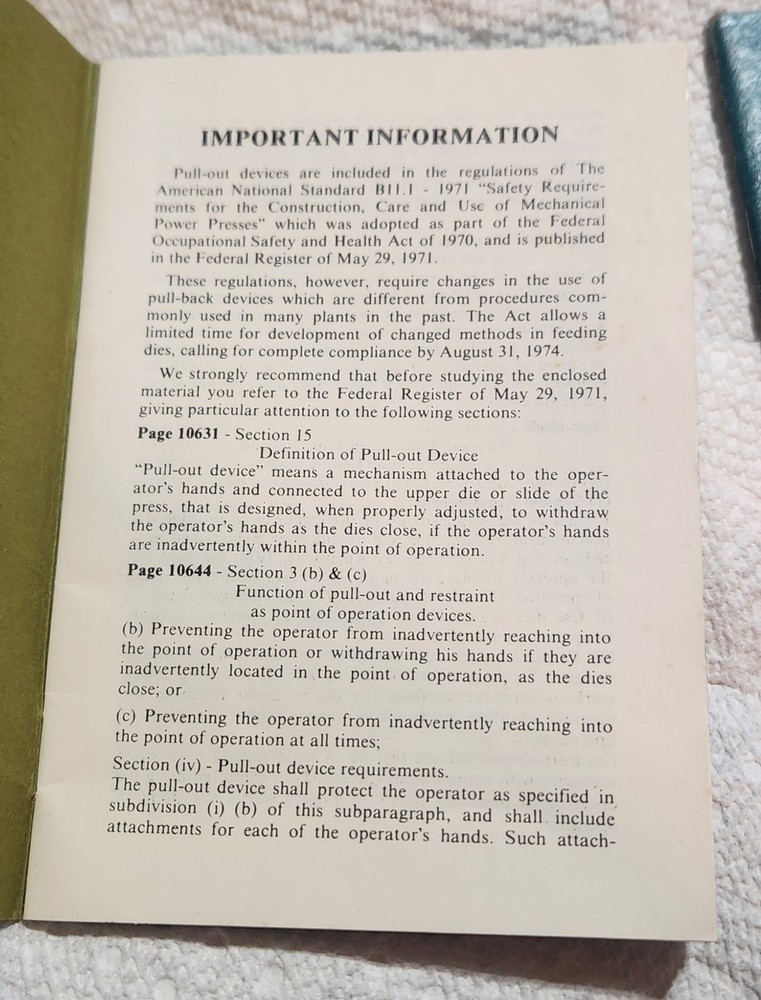 1959 & 1968- Possons Pullback Safety Devices Maintain Adjust Die Setting Manual