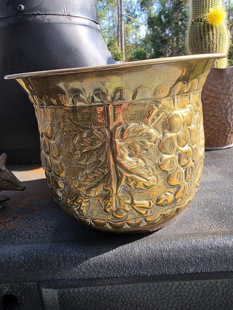 Vintage Embossed Brass Planter Medium Grape Leaf Design Boho Decor India Style