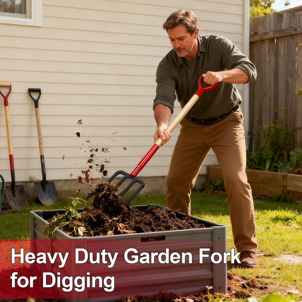 Heavy Duty Garden Fork for Digging, 4 Tines Pitch Fork for Gardening Compost,...