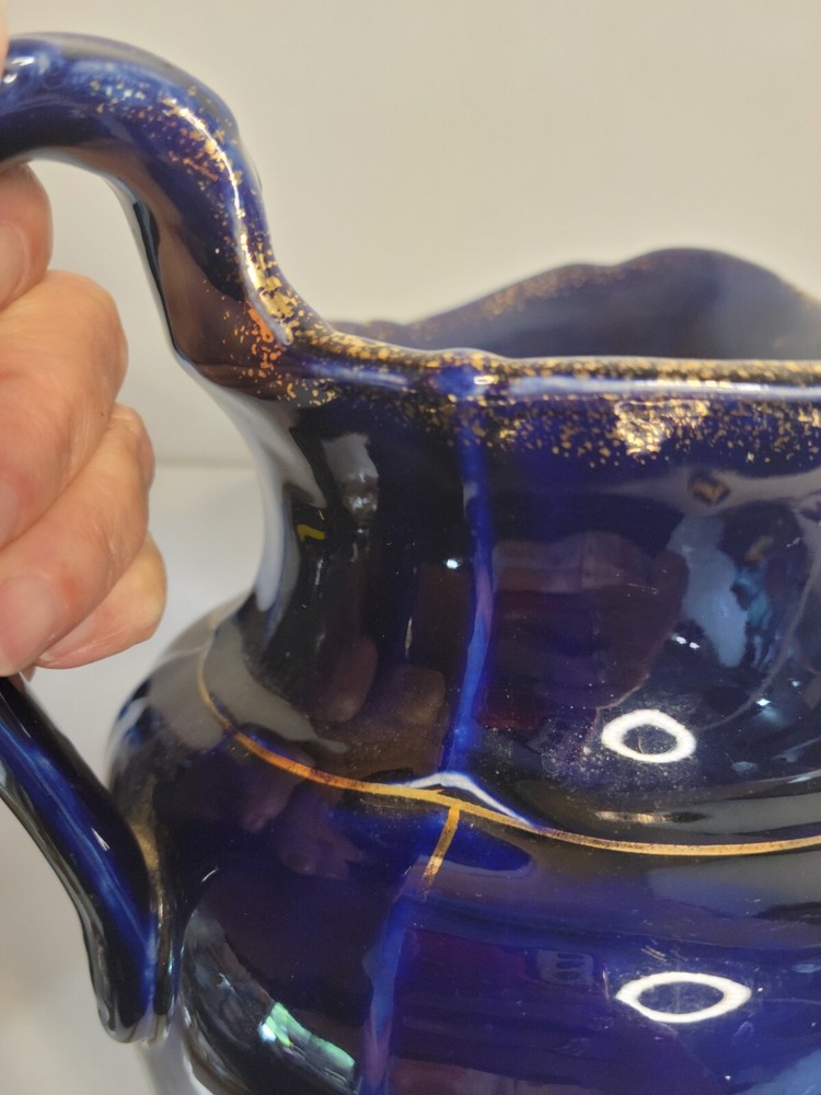 Pitcher Ceramic Cobalt Blue Gilded VTG
