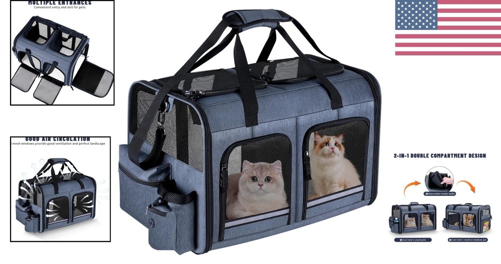 Stylish 2 Cat Carrier with Front Zippered Compartments - Foldable Grey Design