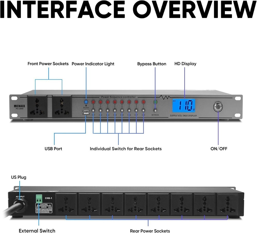 Versatile 20A Power Conditioner with 10 Outlets & Bypass Mode for Audio Systems