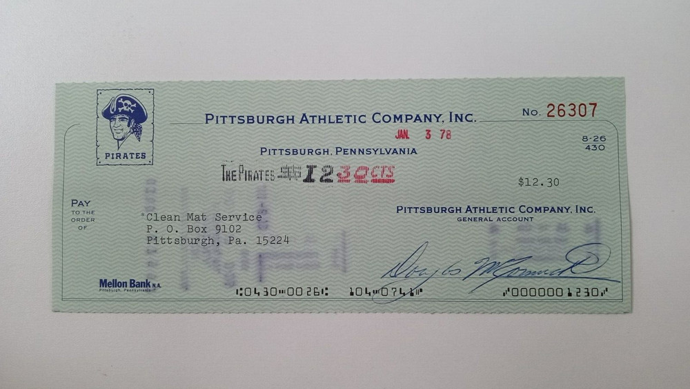 Clean Mat Service: 1978 Pittsburgh Pirates Expense Check