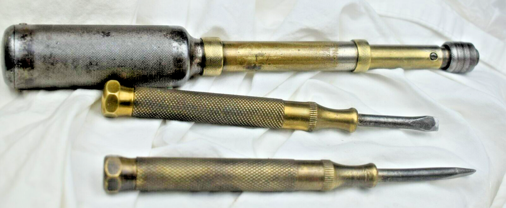 Yankee no. 41 push hand drill w/2brass Nesting screwdrivers
