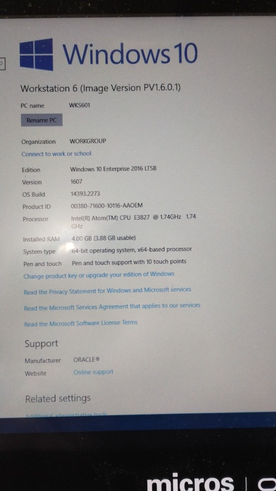 Micros Oracle Workstation 6 (610) With Stand Win10 7331285