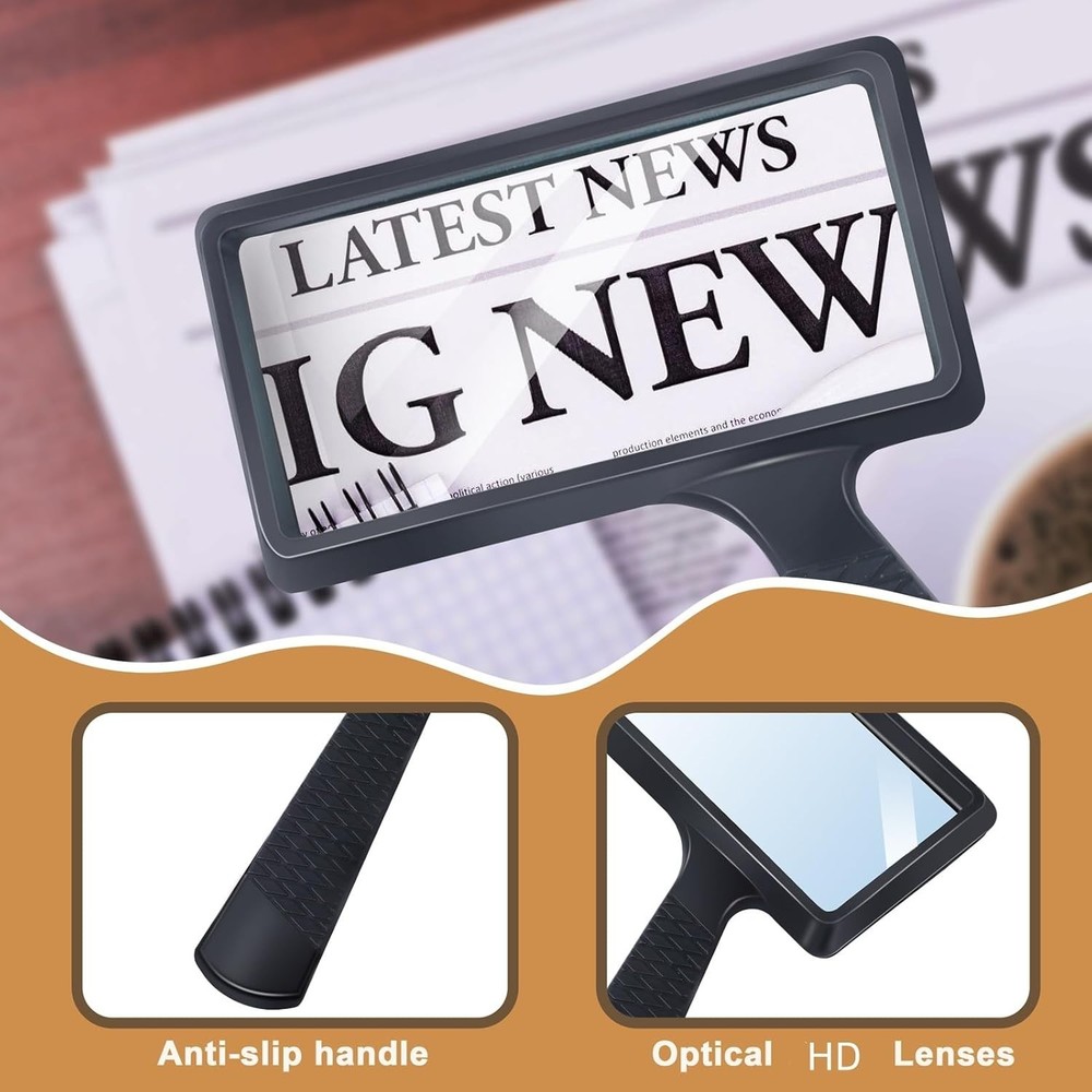 5X Rectangle Reading Magnifier, Large Handheld Magnifying Glass Scratch Resis