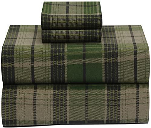 RUVANTI 100% Cotton 4 Pcs Flannel Sheets Green & Grey Plaid Full Sheets , Deep
