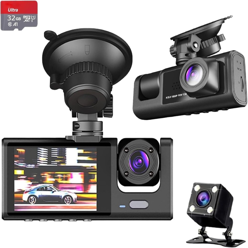 3 Channel Dash Cam Front Rear & Inside 2" HD Display Night Vision G-Sensor 32GB