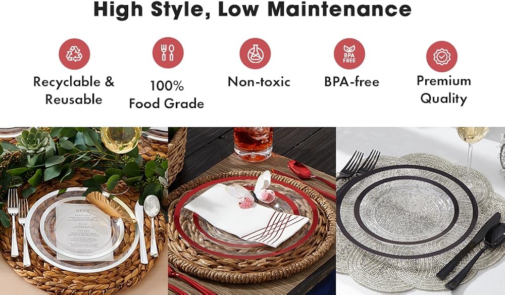 HEAVYWEIGHT Clear and Bla Plastic Plates and Utensils Set |
