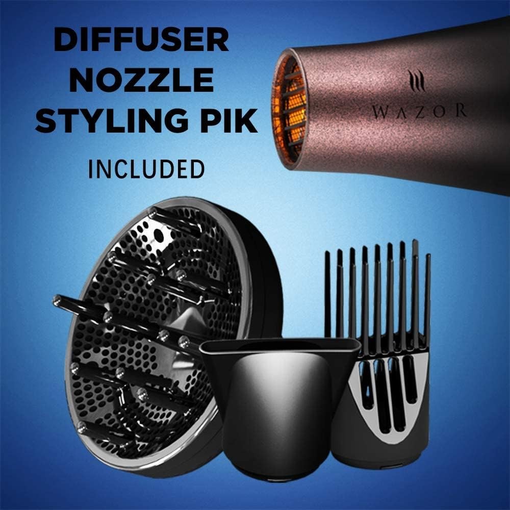 Wazor Professional Ionic Hair Dryer with Diffuser, 3 Piece Set, Black