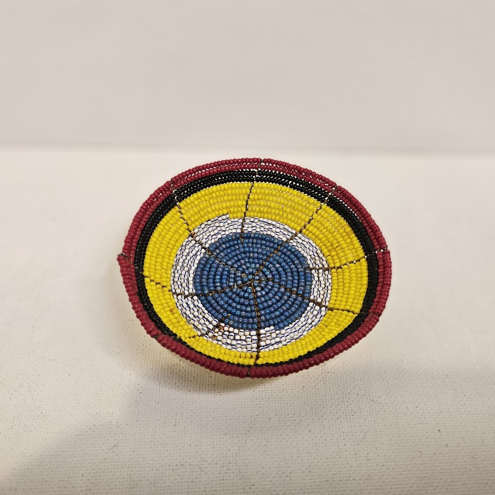 Handmade Woven Basket Multi-Colored Threaded Pattern -3 1/4" Across, 1" Depth
