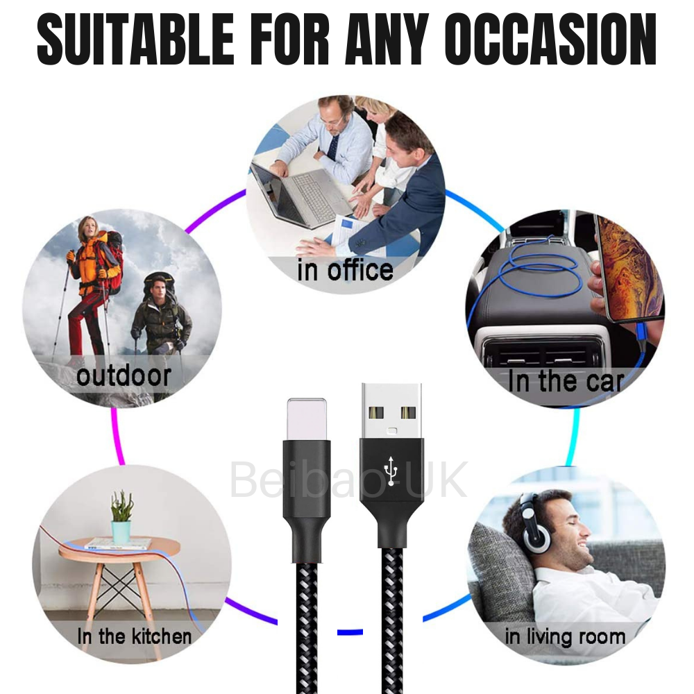 3 Pack USB Fast Charger Cable 10 FT Charging Data Sync Cord For iPhone iPad iPod