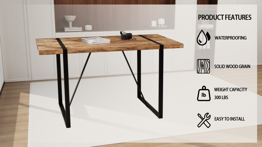 55 " dining table modern rural industrial rectangular MDF dark wood, 4-6 peopl
